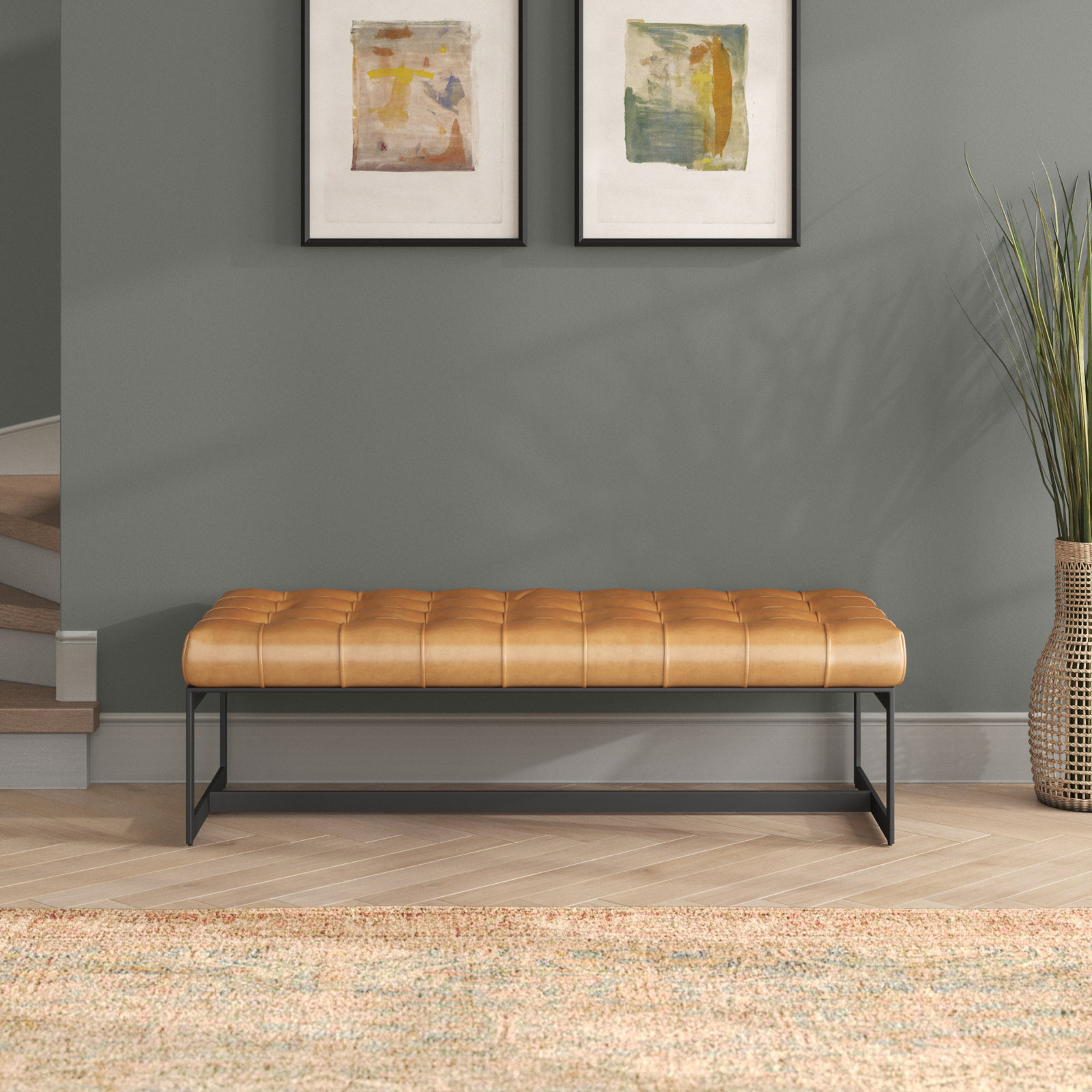 Lianne 56" Genuine Leather Entryway Bench, Brown Top Grain Leather