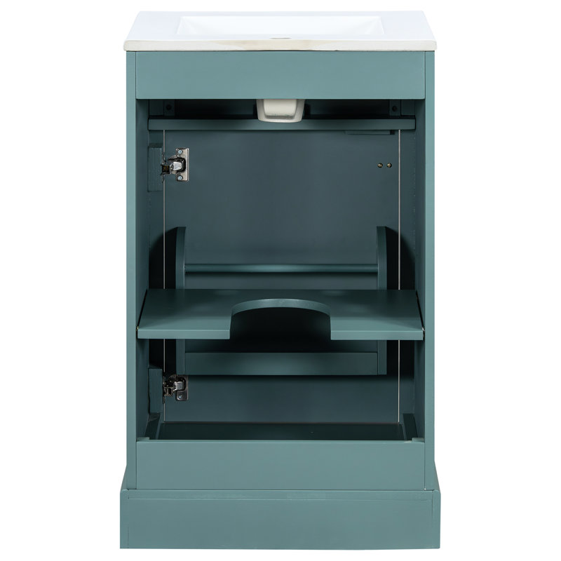 Meuble-lavabo de 20 pouces, salle de bain compacte, lavabo en céramique, fonction de fermeture en douceur, tablette ajustable en forme de U, meuble-lavabo à poignée en alliage d'aluminium avec porte à débordement et support pour petite porte