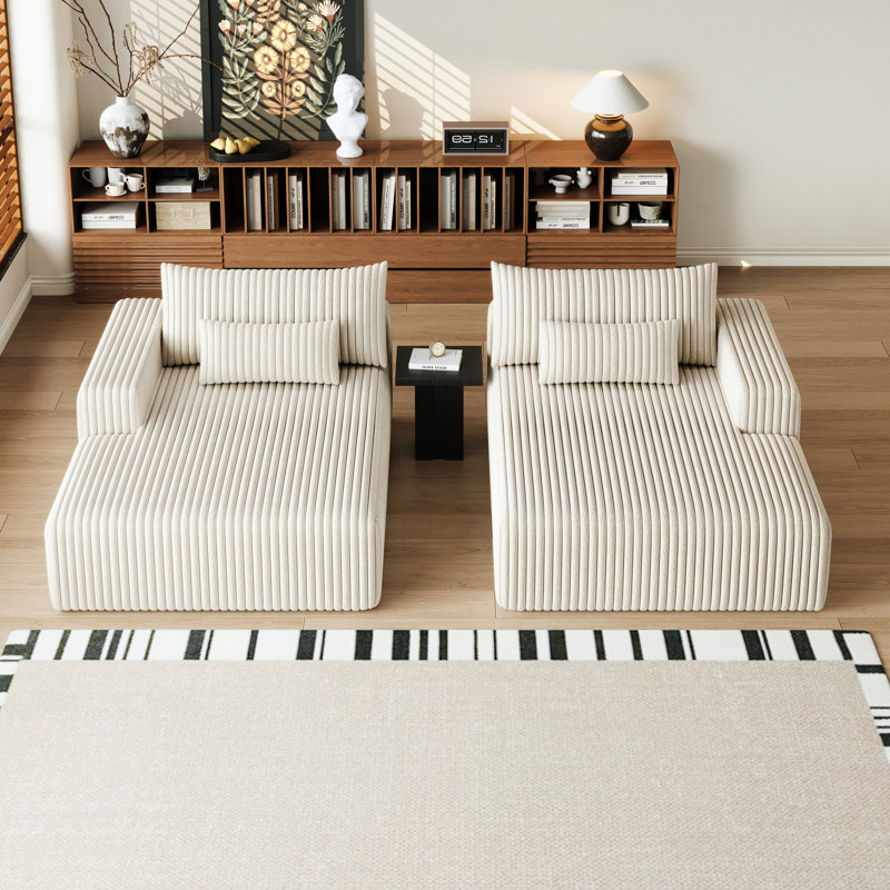 Wommack Comfy Sectional Lounge Chaise, Velours côtelé beige