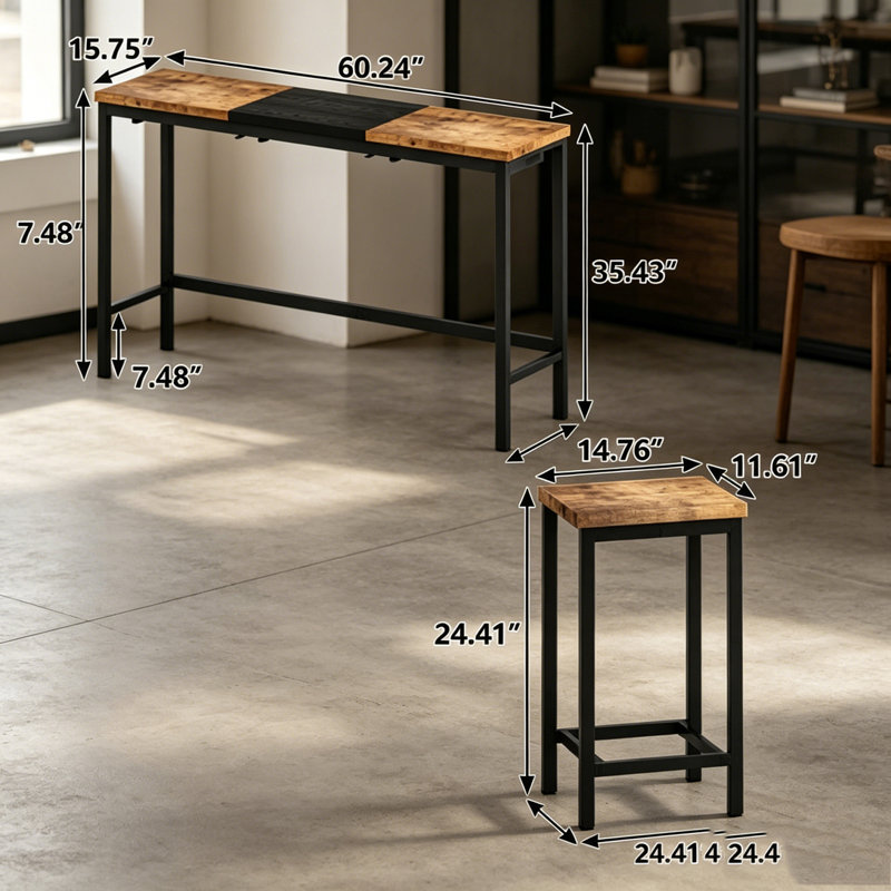 Ensemble de longue table de salle à manger avec tabouret suspendu peu encombrant, Natural/Black