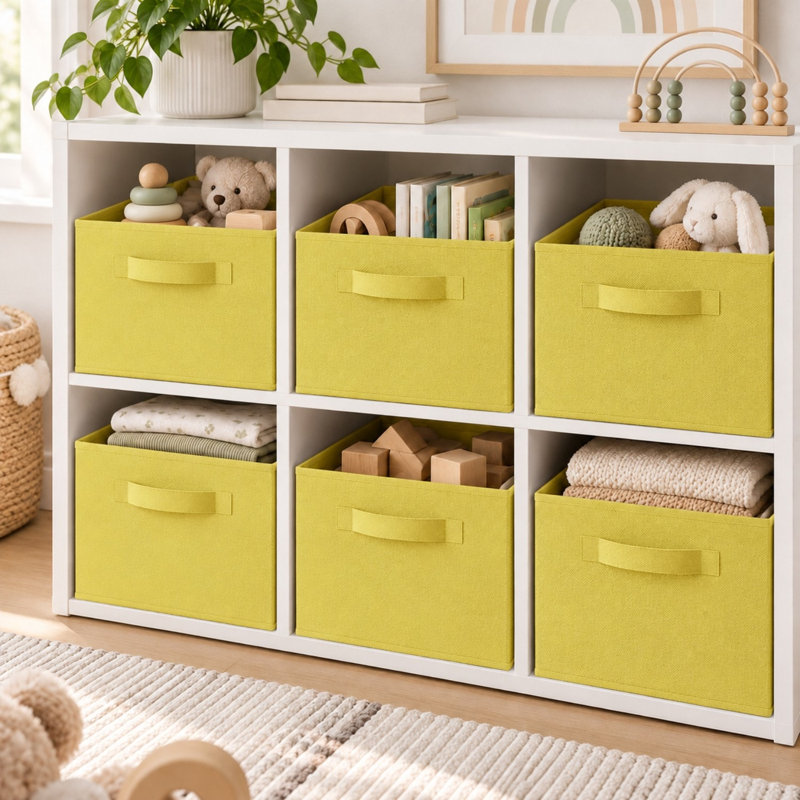 Set of 6 Collapsible Fabric Cube Boxes 27cm Foldable Bins for Toys, Yellow
