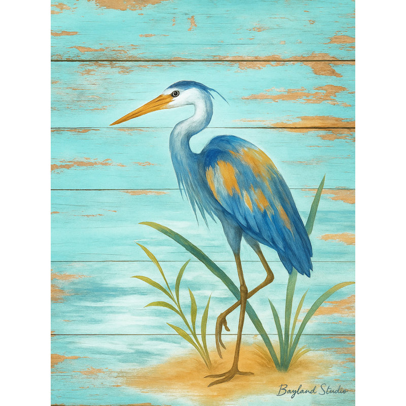 «Blue Heron» sur toile en bois délavé turquoise