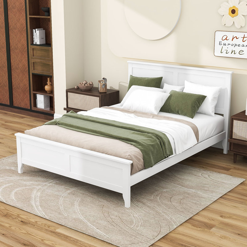 Lit plateforme en bois avec tête de lit et pieds centraux, Blanc, Double