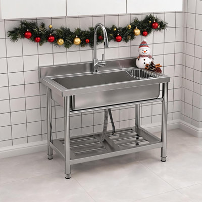 Bassin utilitaire commercial en acier inoxydable de 39 po - Bassin profond à simple cuve avec robinet coulissant en laiton chaud et froid, tablette de rangement, ensemble de drain, dosseret.