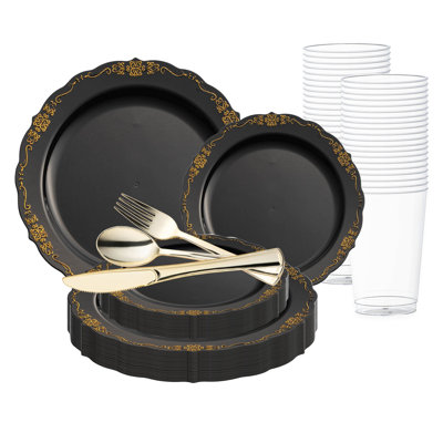 Black with Gold Vintage Rim Round Disposable Plastic Wedding Value Set - 60 Settings