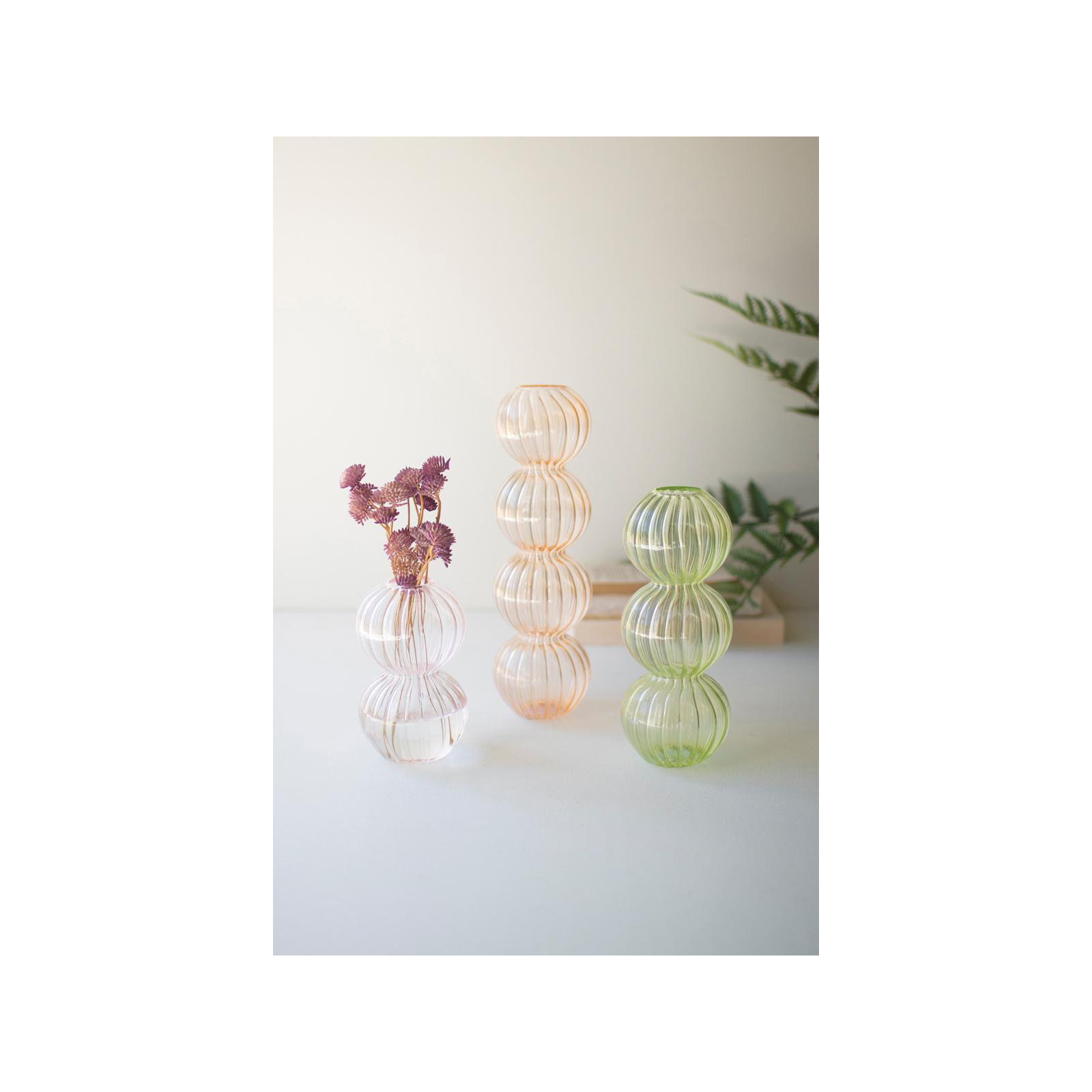 SET OF THREE FLUTED GLASS STACKING BALL VASES - ONE EACH COLOR