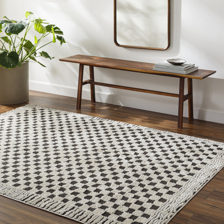 Aryas Checkered Machine Woven Polyester Area Rug in Black/Cream