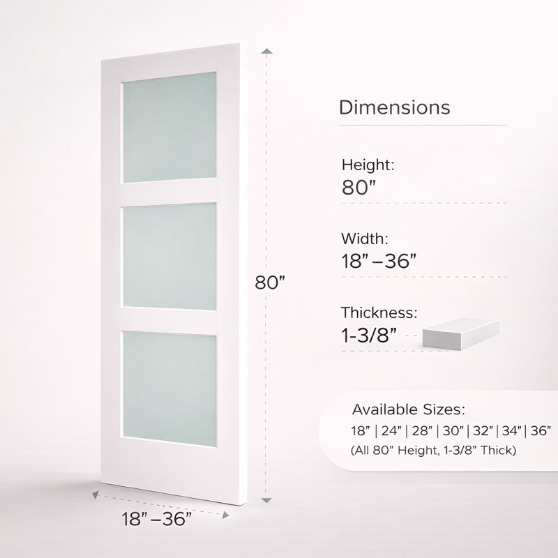 Porte intérieure en verre givré blanc apprêté 3-Lite, 80 po, 34 po x 80 po, Oui