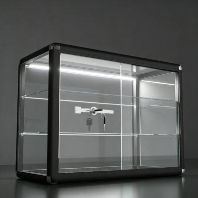 24" W X 18" H X 12" D - Illuminated Black Aluminum Tempered Glass Countertop Display Case - Durabletable Top Display Case,clear Display Cabinet For Retail, Home & Office Use