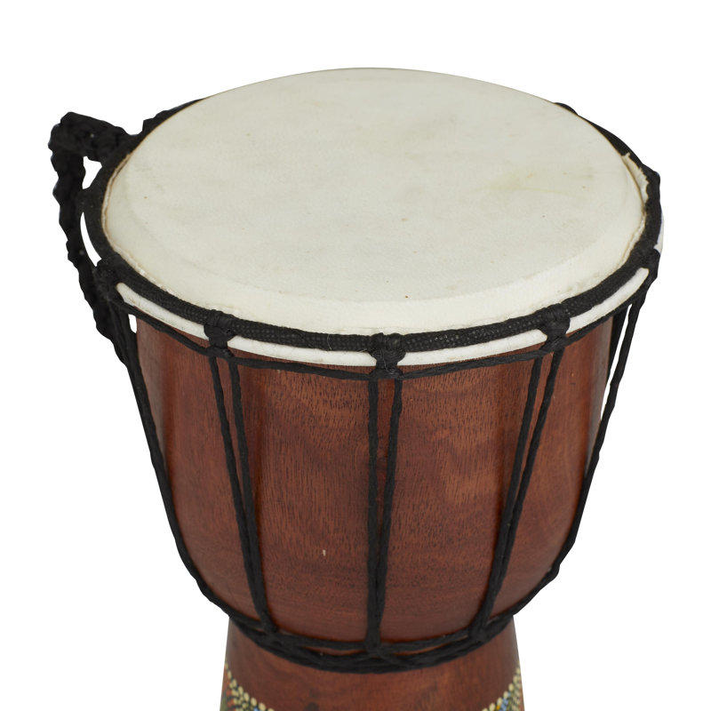 Wood Handmade Djembe Drum Decorative Sculpture with Rope Accents, Mahogany