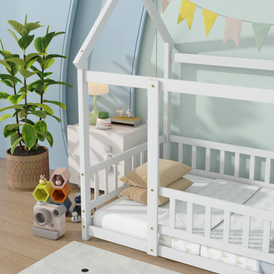 Lit en bois pour lit simple avec structure de toit, garde-corps de sécurité