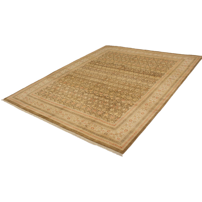 Tapis de zone en laine beige/brun 10 pi x 12 pi 6 po à la main one-of-kind-noué la 2010 ushak Boeld