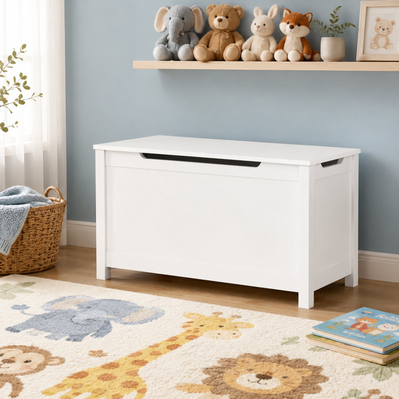 Boîte à jouets blanche en bois pour enfants avec couvercle à charnières de sécurité, coffre de rangement de 2,7 pieds cubes pour enfants de 2 ans et plus