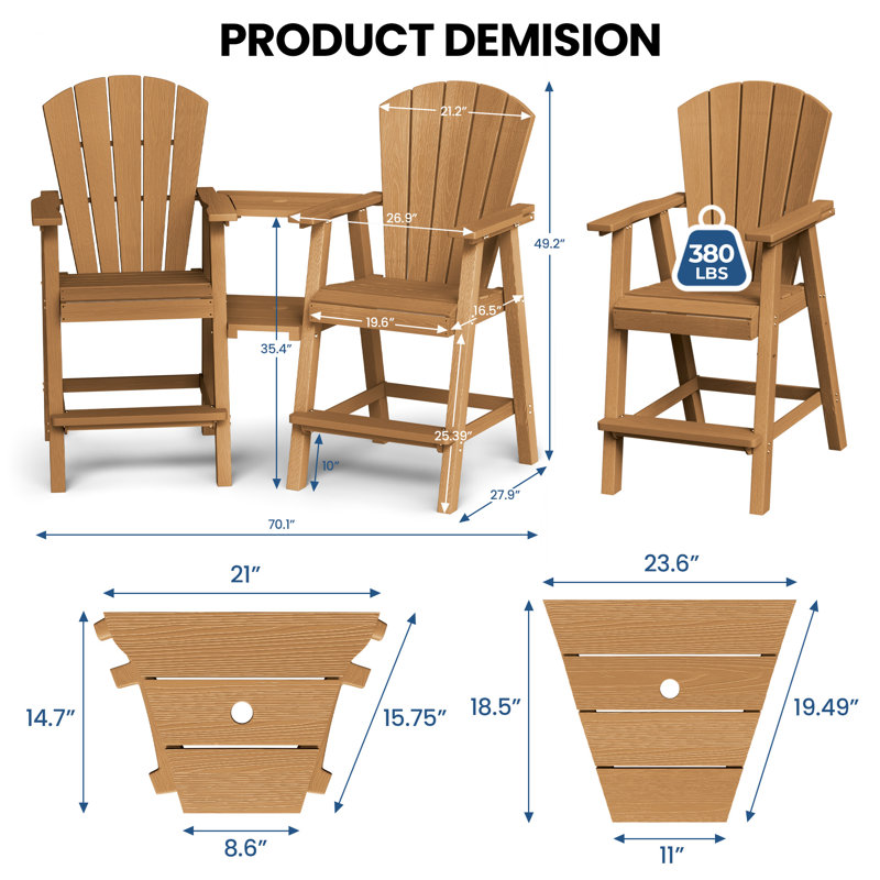 2-Person 26'' Outdoor Tall Adirondack Chairs With Table, Brown