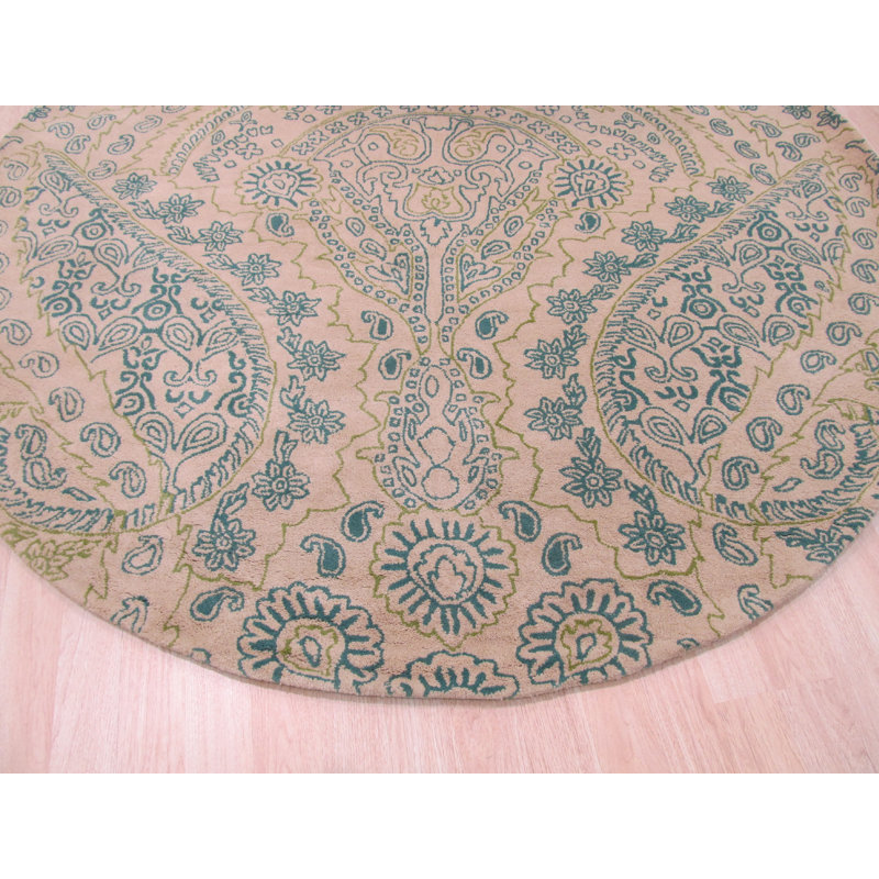 Magnifique tapis vert en laine touffeté à la main, Rond 6 pi