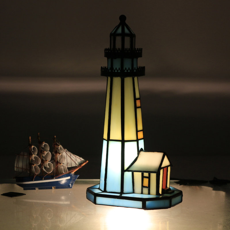 Small Tiffany Lighthouse Stained Glass Accent Table Lamp Night Light for Home Decoration (White Blue)