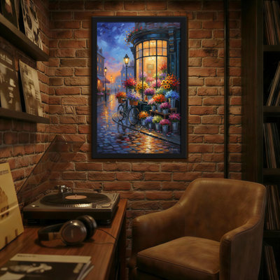 Paysage et nature, magasin de fleurs, rue, soir, lumière, jour de pluie, bicyclette