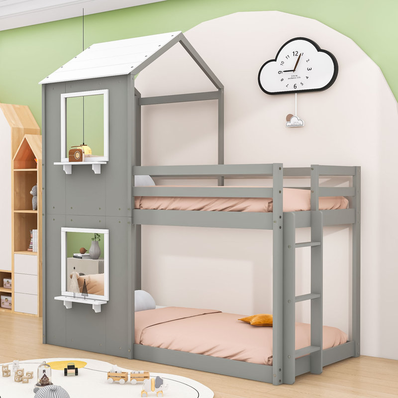 Lit superposé simple en bois en forme de maison avec toit incliné et fenêtre, Grey