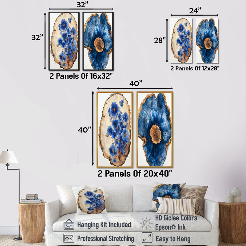 «Blue Wildflowers Leaves», glissade sur bois I - art mural floral 2 panneaux, H 28 po x l 25 po, Cadre flottant noir