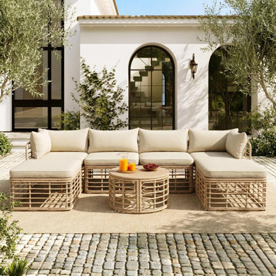 7 Pieces Outdoor Patio Furniture Set, All-Weather Rattan Sectional Sofa with Thick Cushions and Pillows – Modular Wicker Conversation Set, Freely Combine U-Shape L-Shape or Daybed for Garden, Backyard, Balcony, Deck