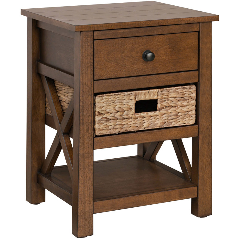 Hoekstra Solid Wood X-Side End Table Side Table with Drawer, 2 Storage Shelves and Wicker Basket, Coffee, Coffee