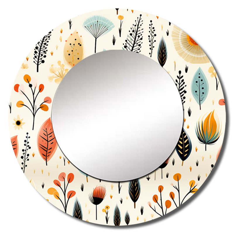 Earthy Boho Eclectic Plants - eclectic  Decorative Wall Mirror, Beige Round Mirror, Printed Metal Art, 36" x 36"