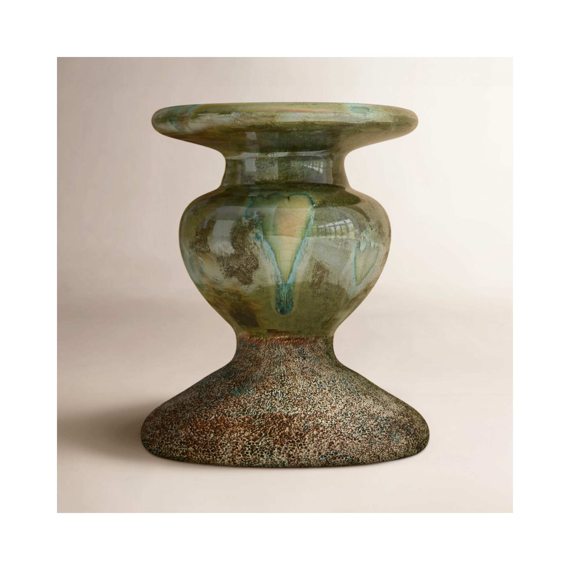 Waikiki Earthenware Tabletop Candlestick, Distressed Green, 5.3" H x 4.5" W x x 4.5" D