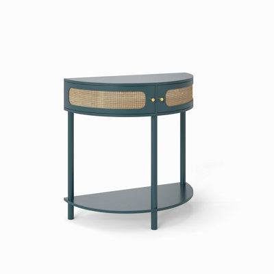 32"W×32"H Vintage Half-Moon Console Table with 2 Rattan Doors Entry Table with Bottom Shelf Hallway Table Sofa Table for Living Room