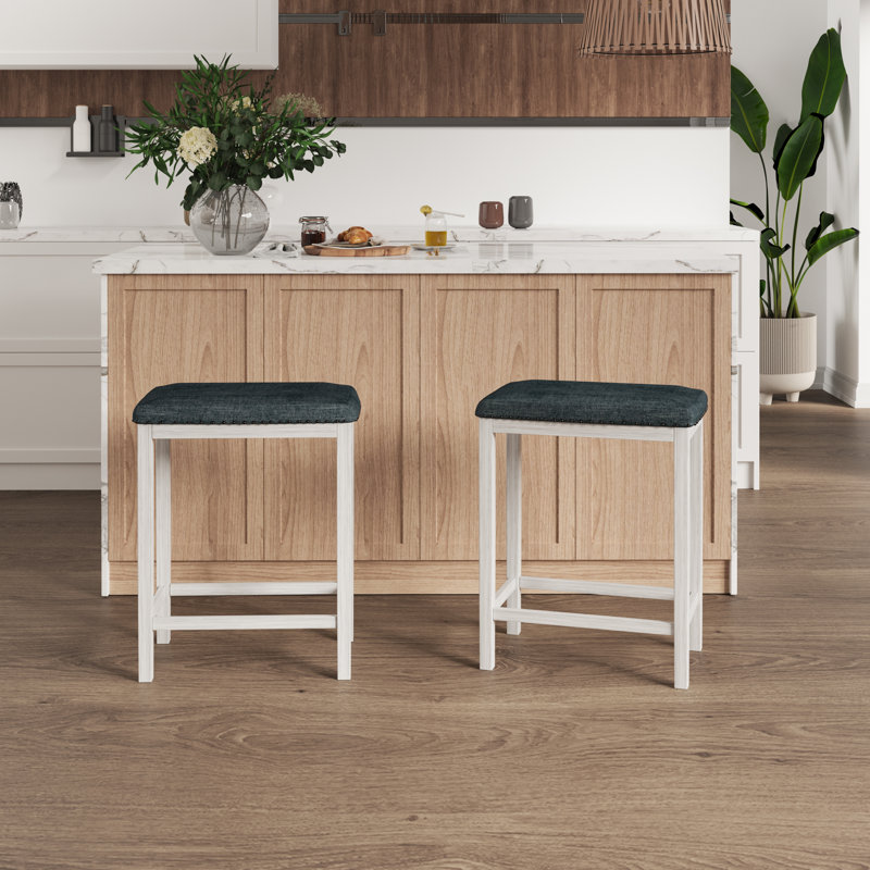 Winston Porter Solid Wood Backless Bar Stool - Set of 4 Straight-Leg Stools with Upholstered Seat, Antique White
