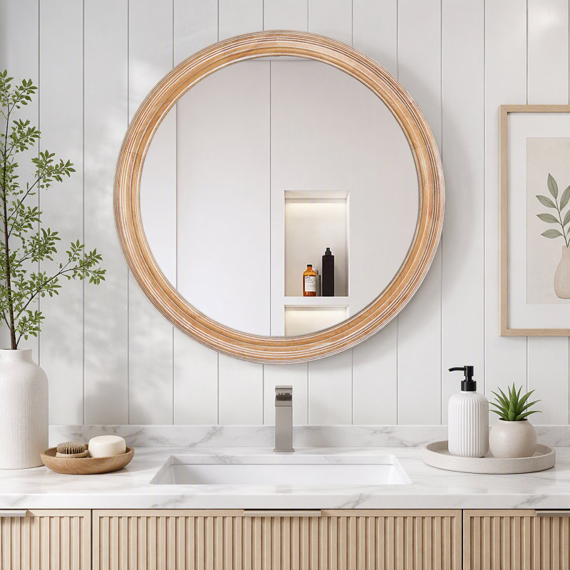 Miroir mural rond de style champêtre avec cadre en bois vieilli 35,43 po, 35.43"W