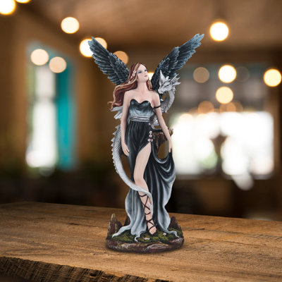 Jerrad 15"H Gothic Dark Angel with White Dragon Figurine Unique Gifts