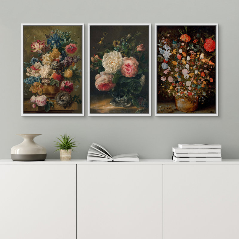 Vintage Floral Patterns " Classic Colourful Assorted Bouquet Flowers Elegant Floral Botanical Rustic Vintage Decor " 3 - Pieces