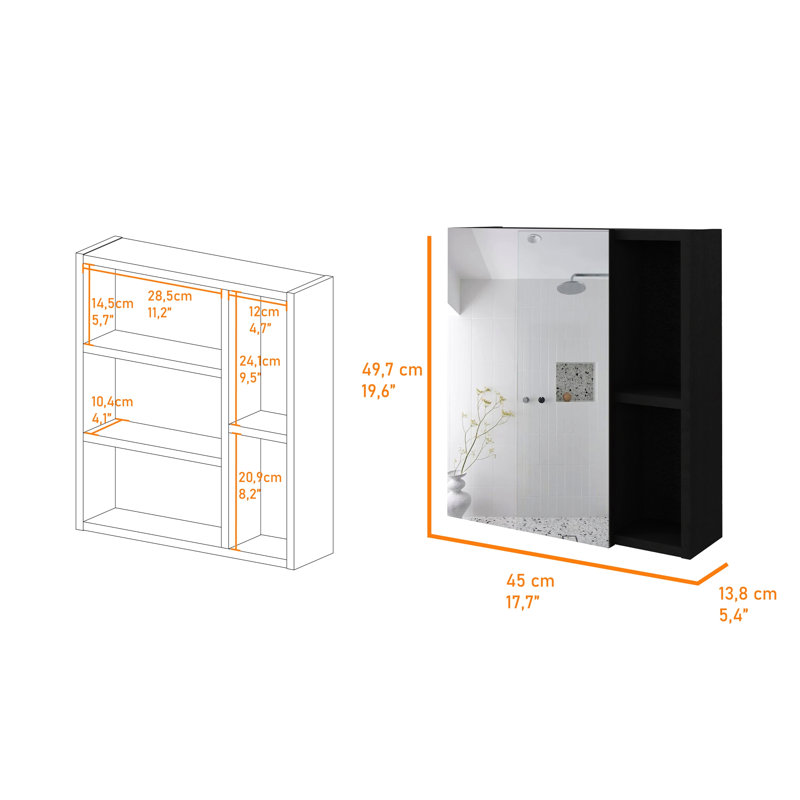 Armoire à pharmacie avec miroir Labelle, cinq tablettes internes, une porte - noir, Noir