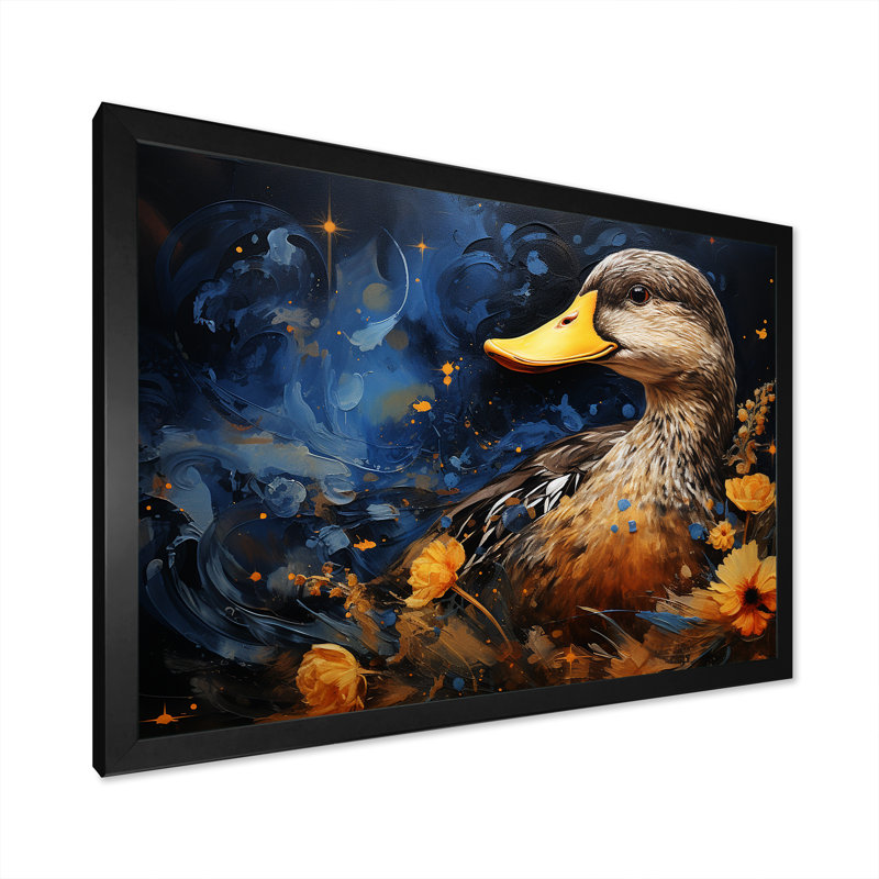 Canard bleu baroque élégance II - Canard, art mural, H 12 po x l 20 po x P 1 po, Cadre d'angle fermé noir
