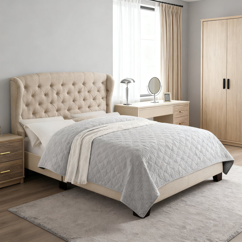 Fabric Upholstered Bed,Tufted Headboard Adjustable Height Bed Frame, Beige, Twin