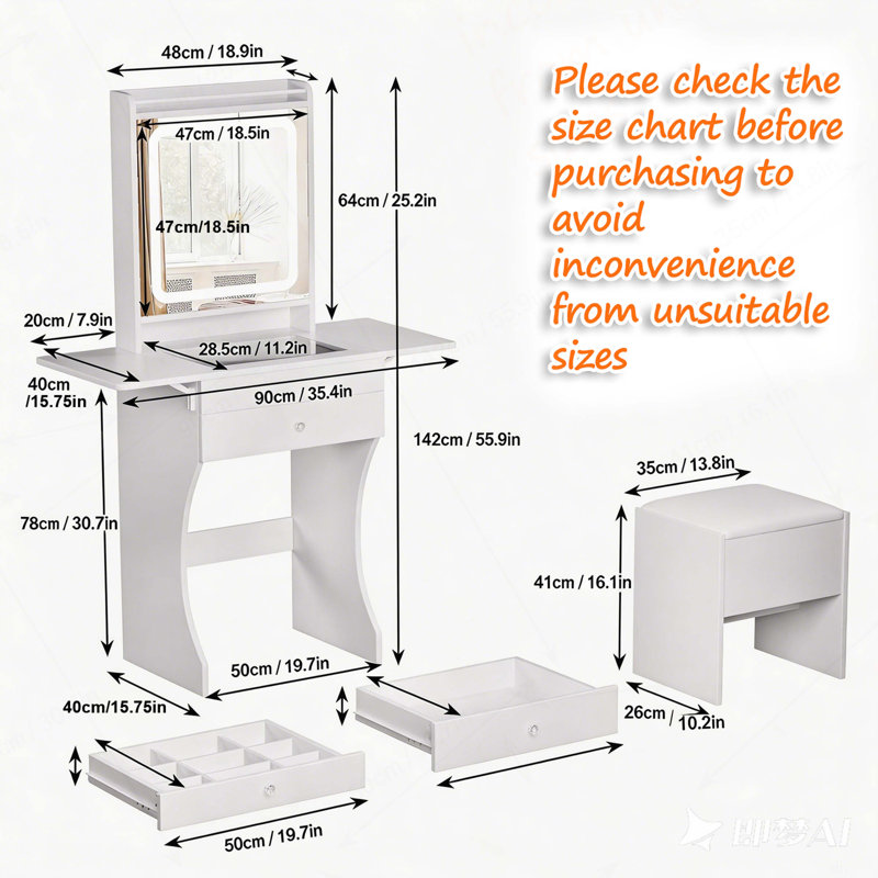 Ensemble de meuble-lavabo pour les petites chambres - Petit meuble-lavabo avec tabouret, tiroirs compartimentés et tables d'appoint pliables de 20 cm (gauche et droite)