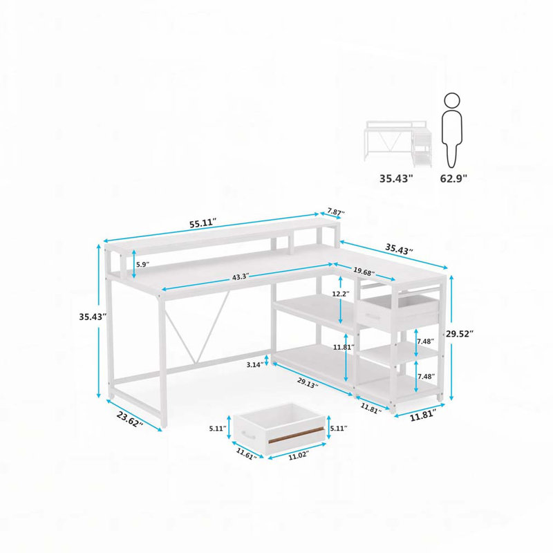 Bureau d'ordinateur en forme de L réversible avec support pour écran, Blanc