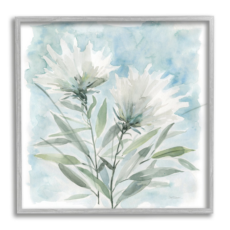 Abstrait, aquarelle, fleurs, pétales blancs, ciel bleu, par Carol Robinson, H 17 po x l 17 po x P 1,5 po