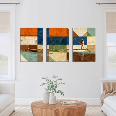 «Abstract Geometric Lake Scene», reproduction d'art sur toile tendue sur toile (ensemble de 3)