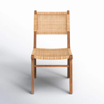 Natural Finish Teak and Natural Woven Rattan High Back Dining Side Chair