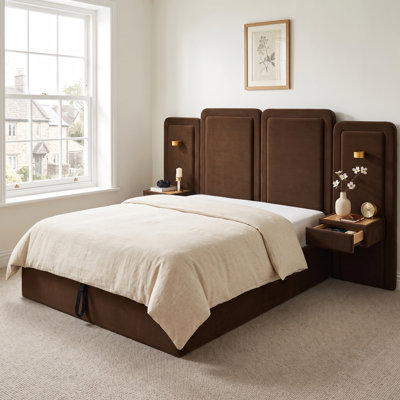 3-Piece Bedroom Set: Modern Upholstered Storage Bed with LED Lights and Floating Nightstands, Queen, Brown