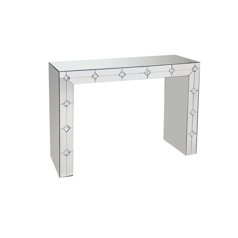 Console rectangulaire en forme de traîneau, ornée d'incrustations de faux strass, finition miroir, 119 cm de large, 81 cm de hauteur, 41 cm de profondeur, argentée (assemblée).