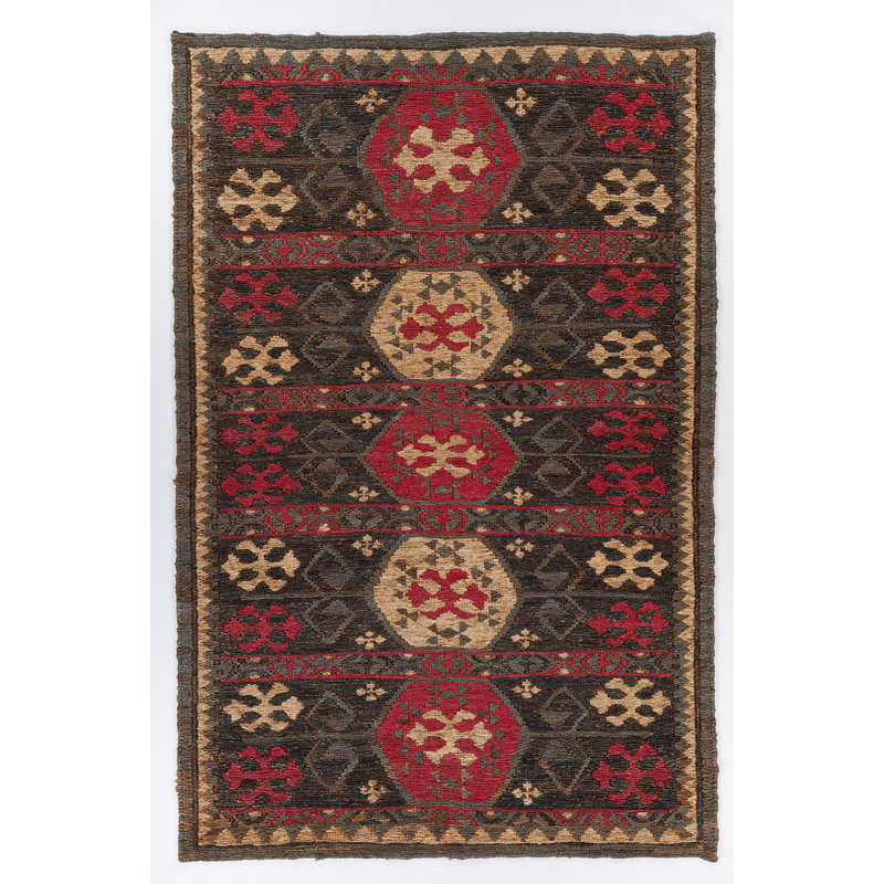 Tapis gris/rouge fait main dhurrie Ronan, Rectangle 7 pi 9 po x 10 pi 6 po