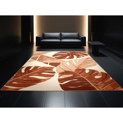 Machine Washable Oyan Monstera Modern & Contemporary Abstract Rug in Brown – LightBrown Binding