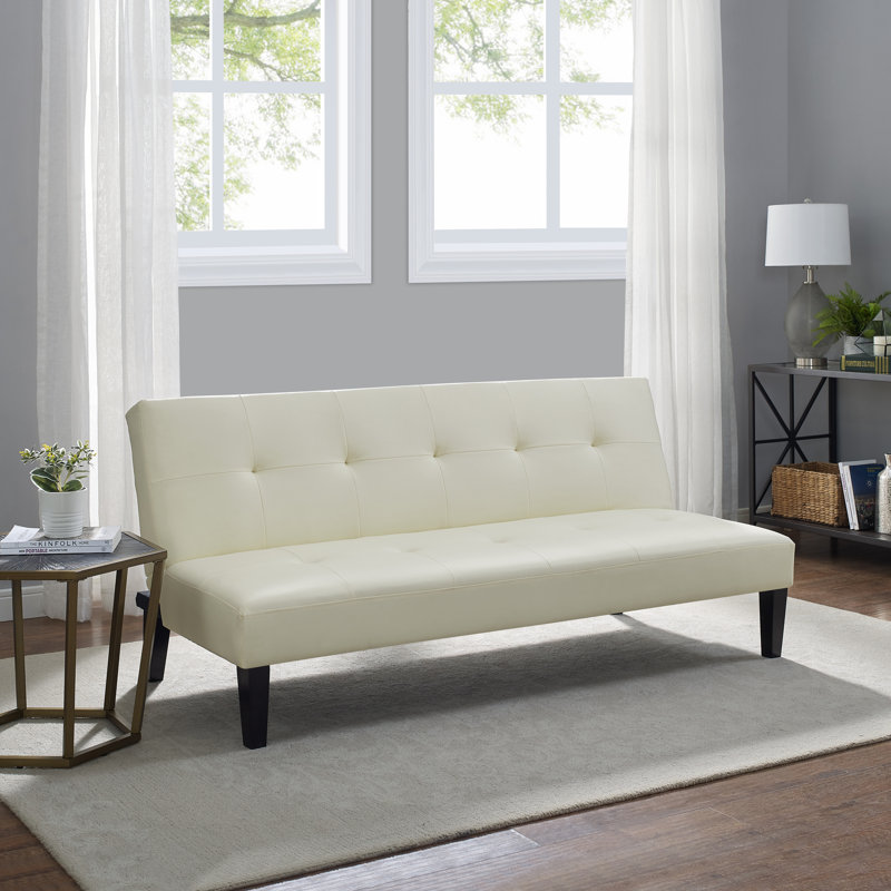 Armaquis Twin 66'' Faux Leather Convertible Sofa, Cream Faux Leather