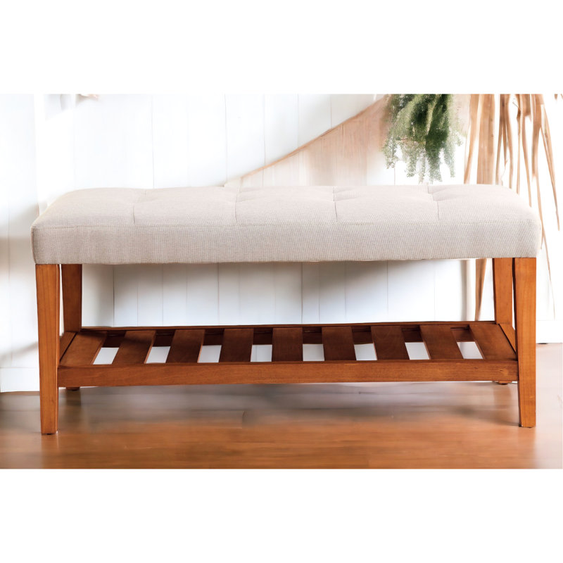 Banc en tissu et finition chêne Charla, Gris clair