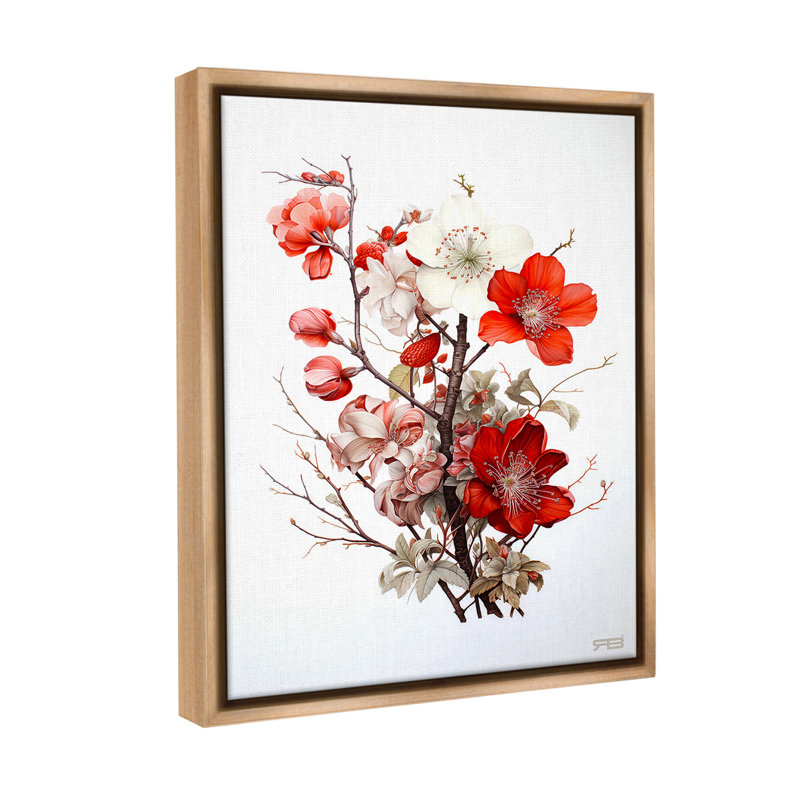 "Red Flower Branches" par RB sur toile, H 21 po x l 17 po, Cadre flottant orme Montalcino