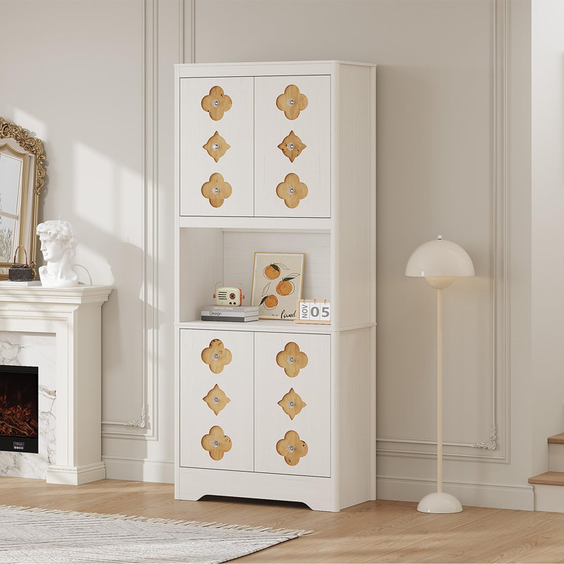 Armoire de cuisine de 72 po de hauteur avec comptoir, huche en bois avec portes sculptées et poignées en cristal, Blanc