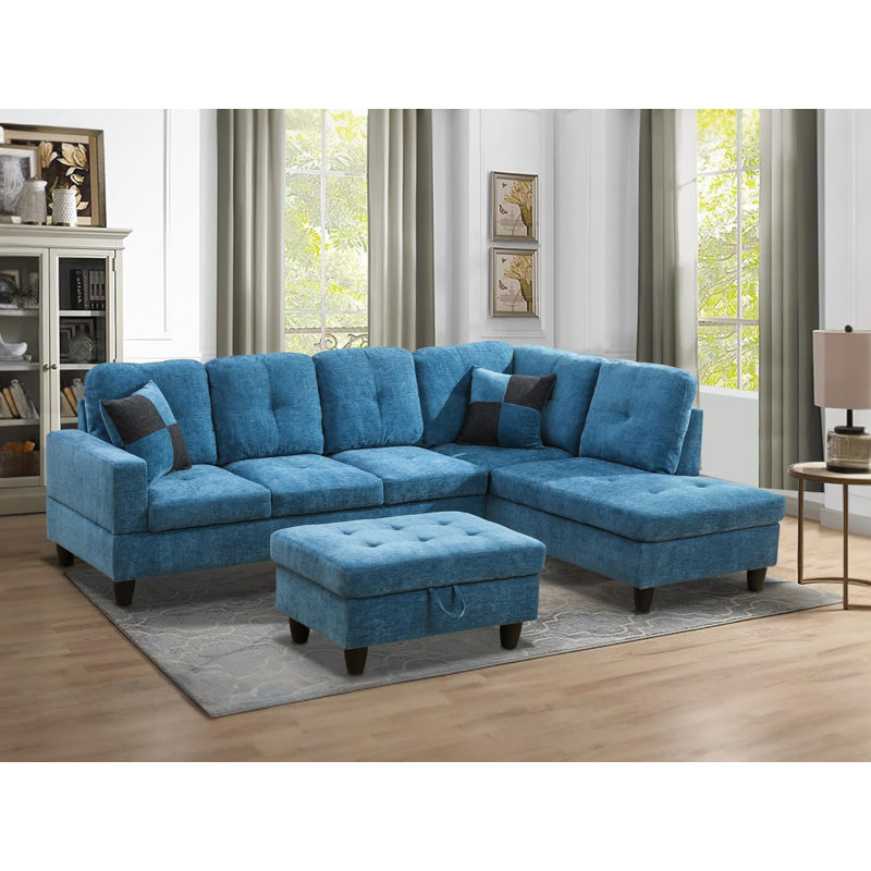 Canapé modulaire en forme de L de 103 po avec repose-pieds de rangement, Orienté à droite, Flanelle bleue