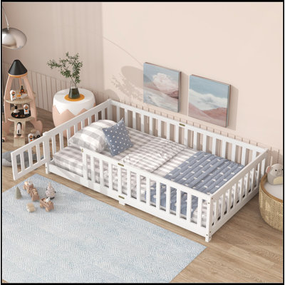 Twin Size Floor Bed with Safety Guardrails and Eco-Friendly Finish for Compact Rooms and Child Safety